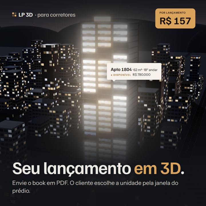 Prédio em 3D iluminado, arte do Corretor 3D